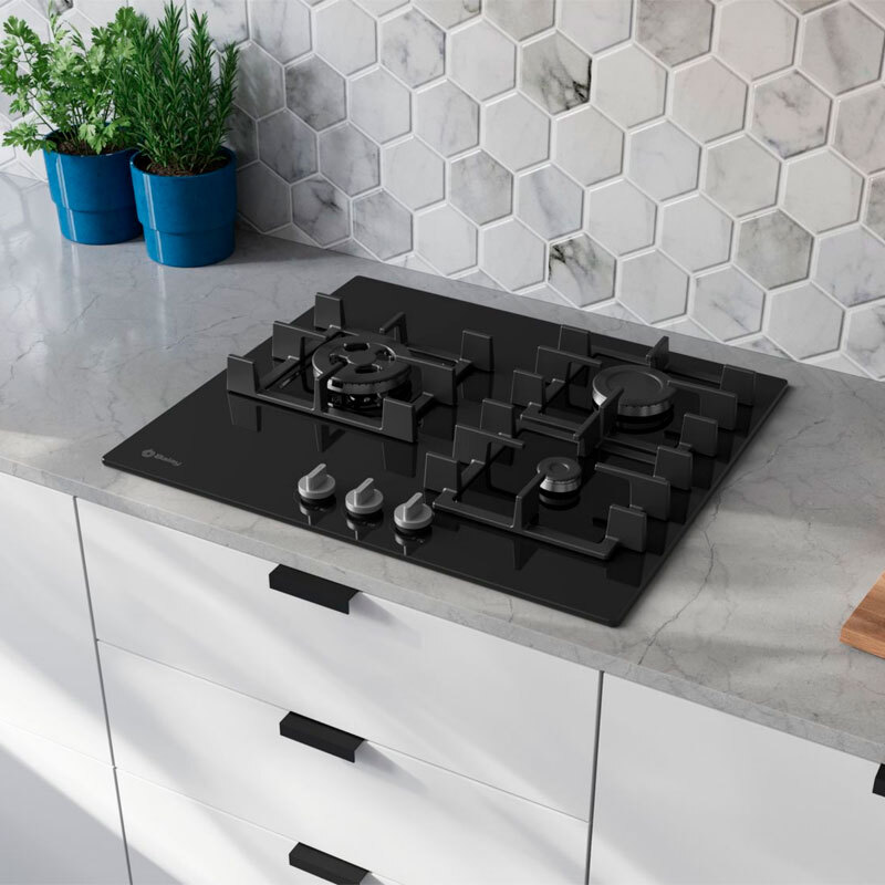 Placa de gas integrable Balay 3ETG563QB – Cristal templado negro, 3 quemadores (wok doble llama), GasStop