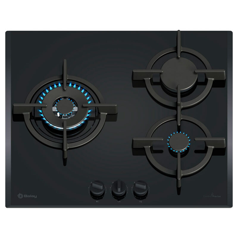 Placa de gas Balay 3ETG663RB – Cristal templado negro, 3 quemadores (Wok), Seguridad GasStop