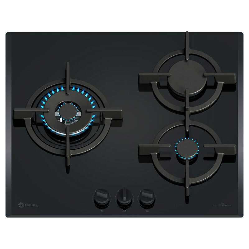 Placa de gas Balay 3ETG663RN – Cristal templado negro, 3 zonas (Wok doble llama), GasStop