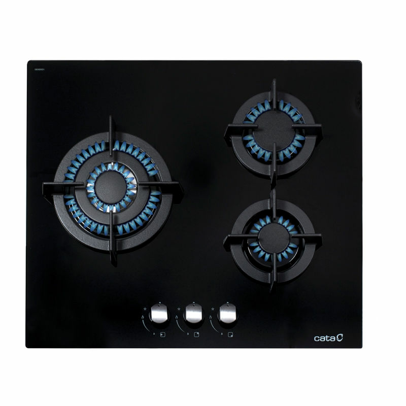 Placa de gas de cristal Cata CCI6021BK – 3 quemadores, cristal negro, válvula de seguridad