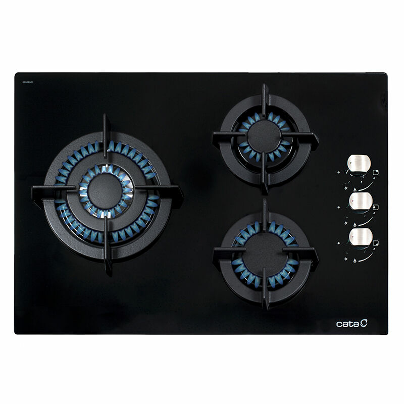 Encimera gas Cata CCI 5003 BK – Cristal templado negro, 3 quemadores 6,25 kW, parrillas hierro fundido