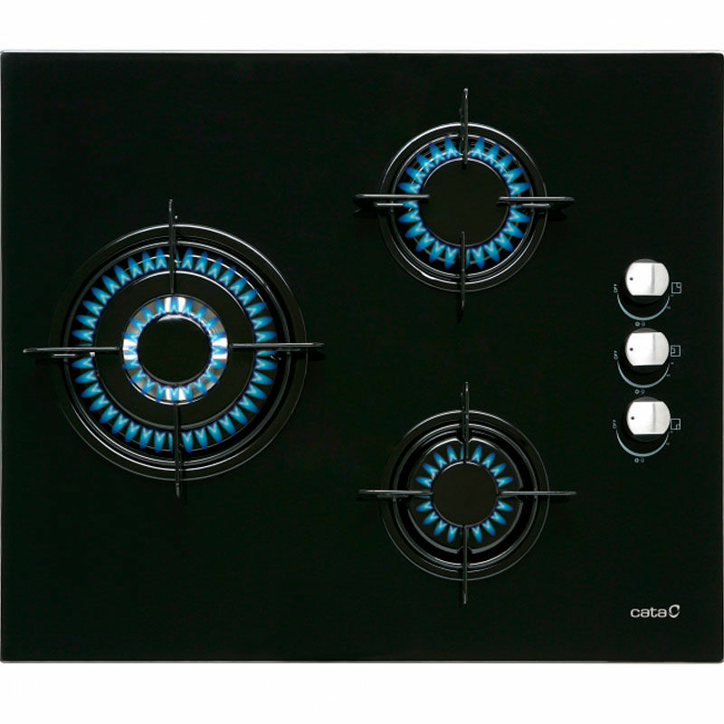 Placa de gas de cristal Cata CI 6021 BK – 3 quemadores, quemador triple corona, válvula de seguridad