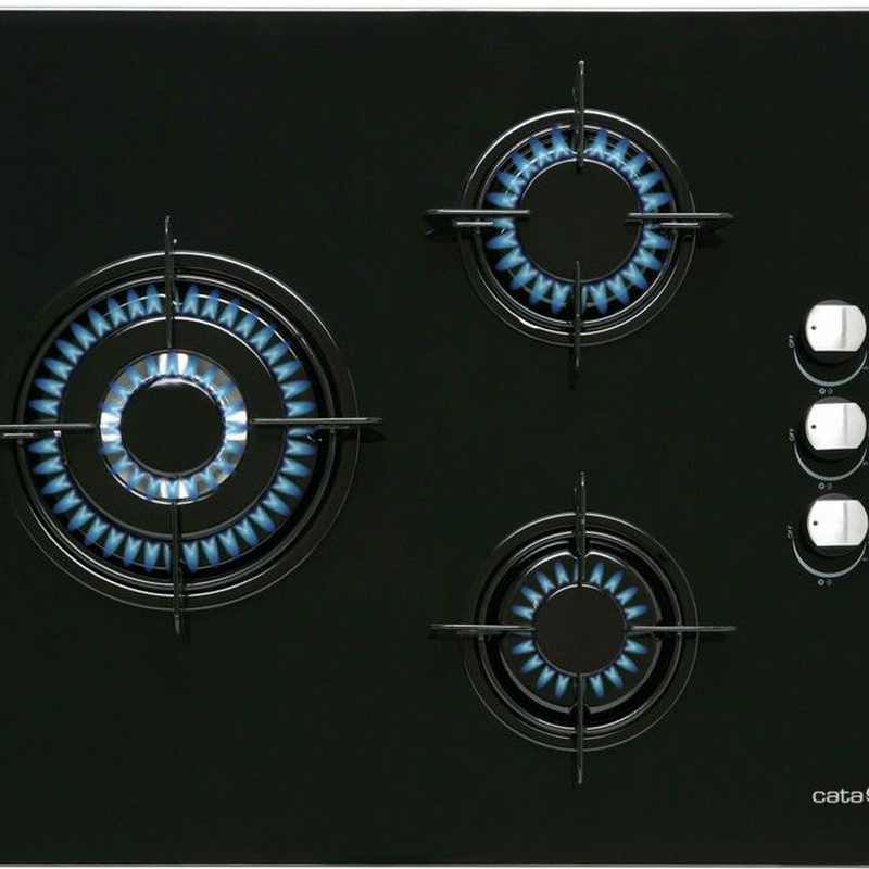 Placa de gas Cata CIB6021BK – 3 quemadores, triple corona, cristal negro