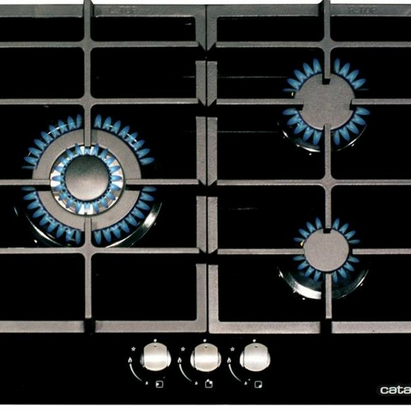 Placa de gas Cata CI 6021 BK – Cristal negro, 3 zonas, quemador triple corona