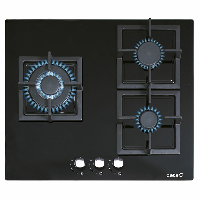 Placa de gas Cata SCI 6021 BK – Cristal negro, 3 quemadores, parrillas hierro fundido