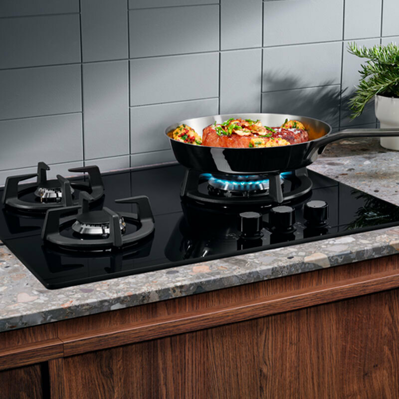 Placa de gas Electrolux KGE6633NOK – Cristal negro, 3 quemadores con Wok, SpeedBurner