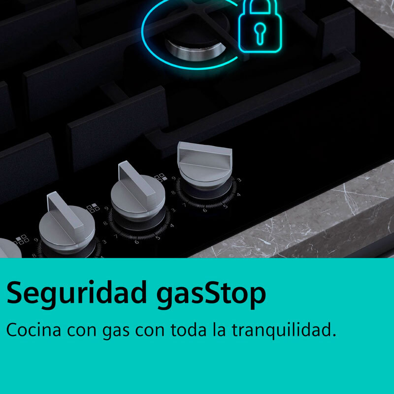 Placa de gas Siemens EP6A6CI10 – Cristal templado negro, 3 quemadores (Wok 4 kW), stepFlame 9 niveles
