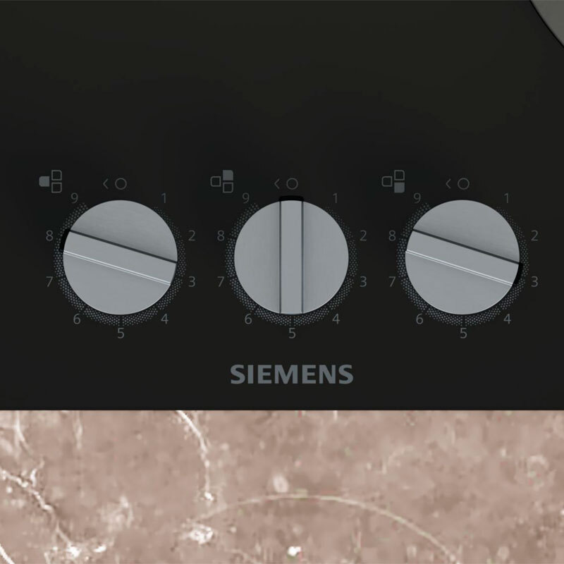 Placa de gas Siemens EP6A6CI10 – Cristal templado negro, 3 quemadores (Wok 4 kW), stepFlame 9 niveles
