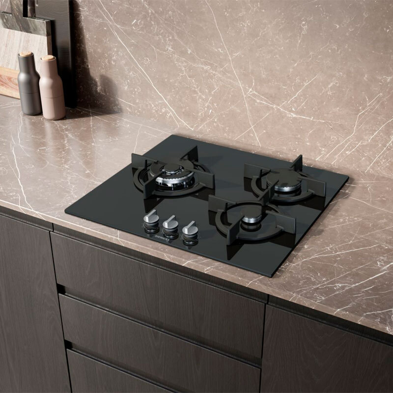 Placa de gas Siemens EP6A6CI10 – Cristal templado negro, 3 quemadores (Wok 4 kW), stepFlame 9 niveles