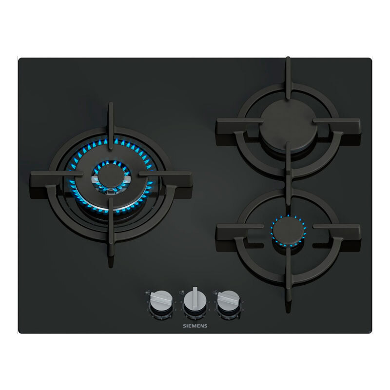 Placa de gas Siemens EP6A6CI10 – Cristal templado negro, 3 quemadores (Wok 4 kW), stepFlame 9 niveles