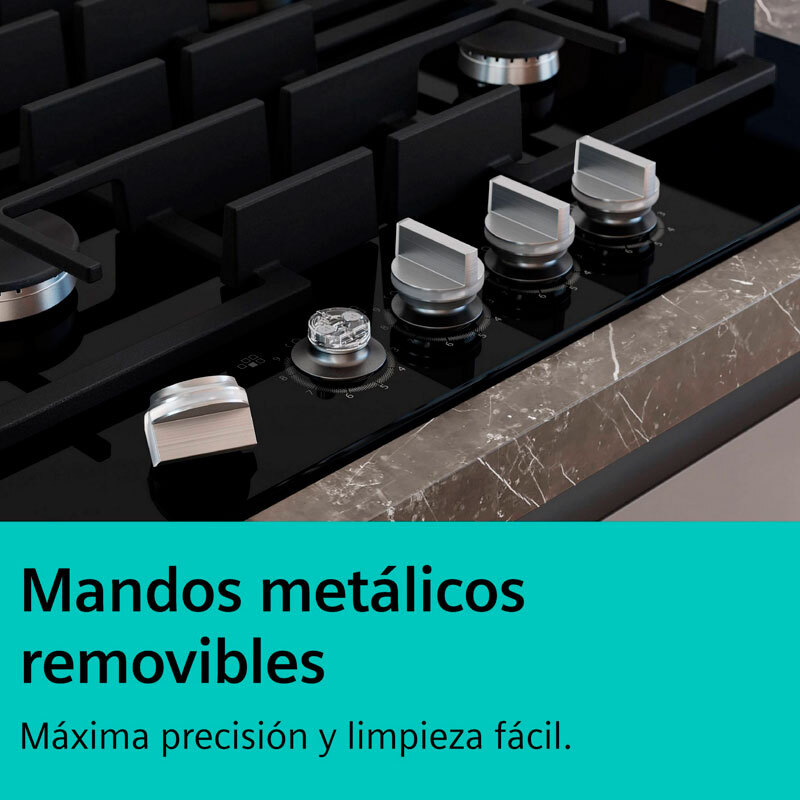 Placa de gas Siemens EP6A6CI10 – Cristal templado negro, 3 quemadores (Wok 4 kW), stepFlame 9 niveles