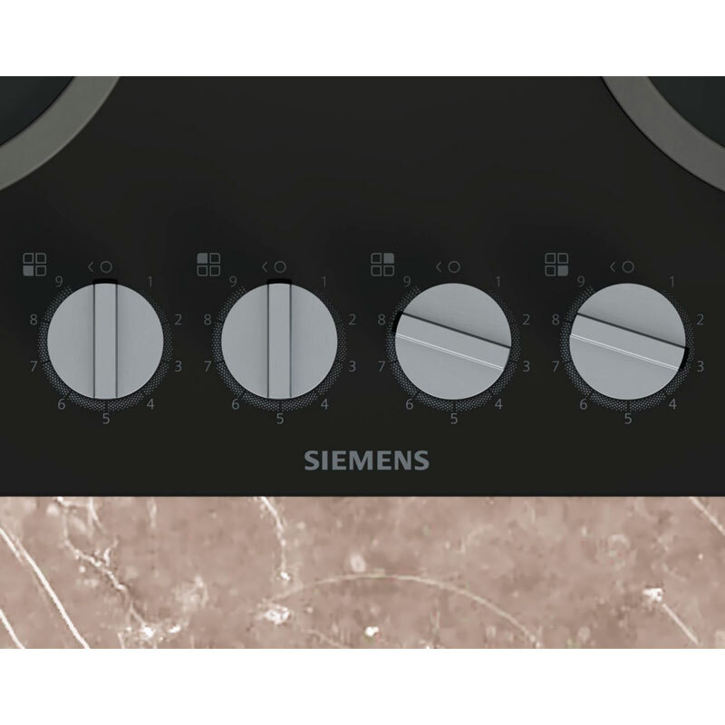 Placa de gas Siemens EP6A6PI10 – Cristal templado negro, 4 quemadores, stepFlame 9 niveles