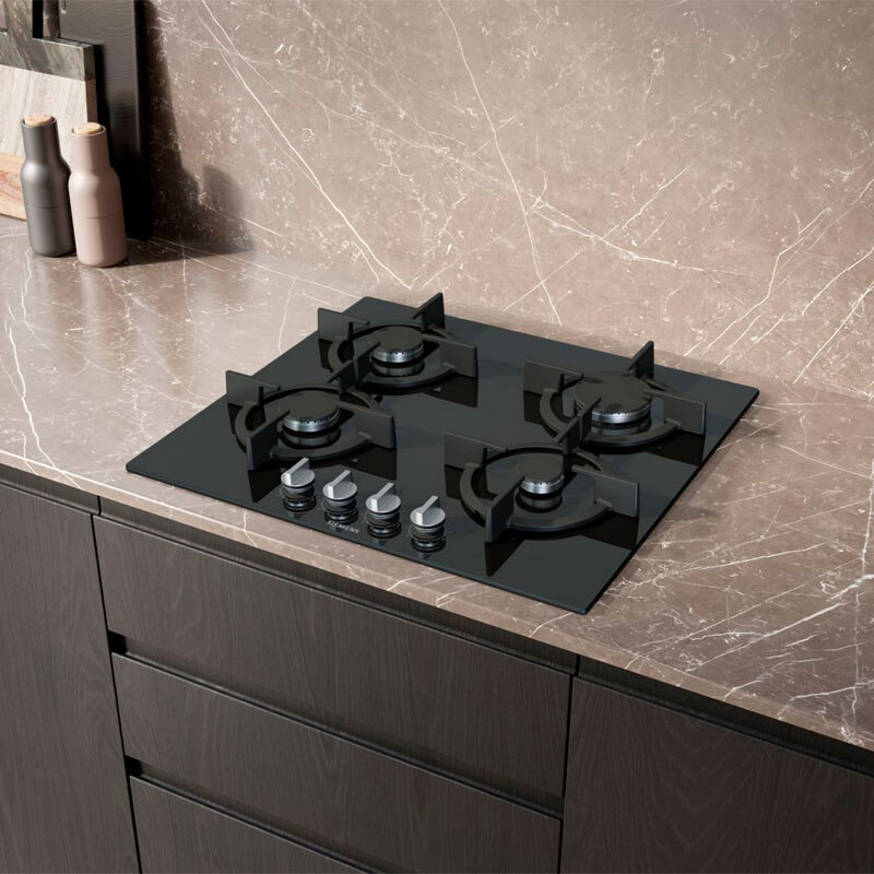 Placa de gas Siemens EP6A6PI10 – Cristal templado negro, 4 quemadores, stepFlame 9 niveles