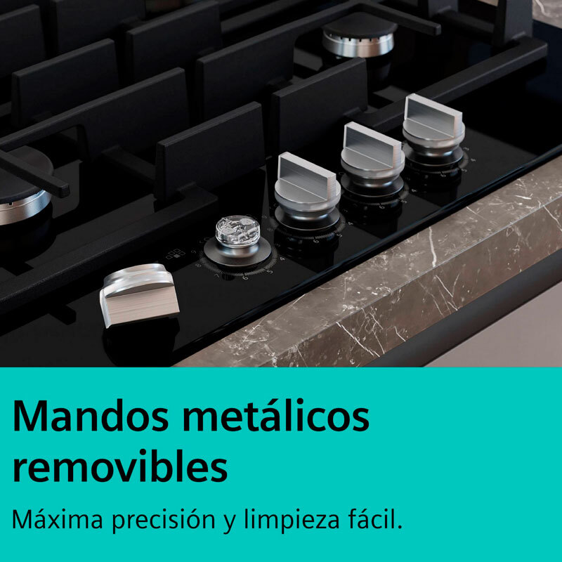 Placa de gas Siemens EP6A6PI10 – Cristal templado negro, 4 quemadores, stepFlame 9 niveles