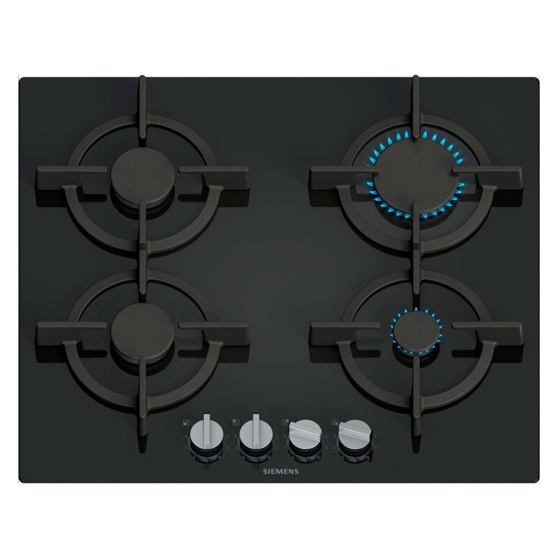 Placa de gas Siemens EP6A6PI10 – Cristal templado negro, 4 quemadores, stepFlame 9 niveles