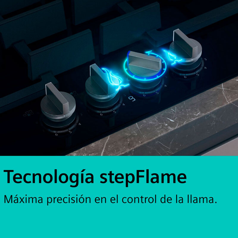 Placa de gas Siemens EP7A6QI40 – 75 cm, 5 quemadores stepFlame, Wok 4 kW