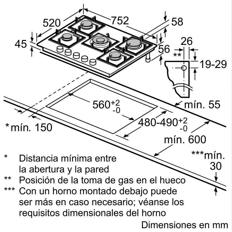 Placa de gas Siemens EP7A6QI40 – 75 cm, 5 quemadores stepFlame, Wok 4 kW