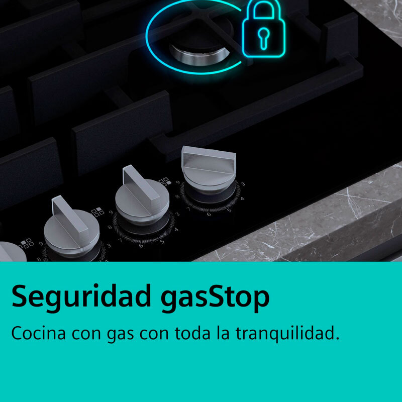 Placa de gas Siemens EP7A6QI40 – 75 cm, 5 quemadores stepFlame, Wok 4 kW