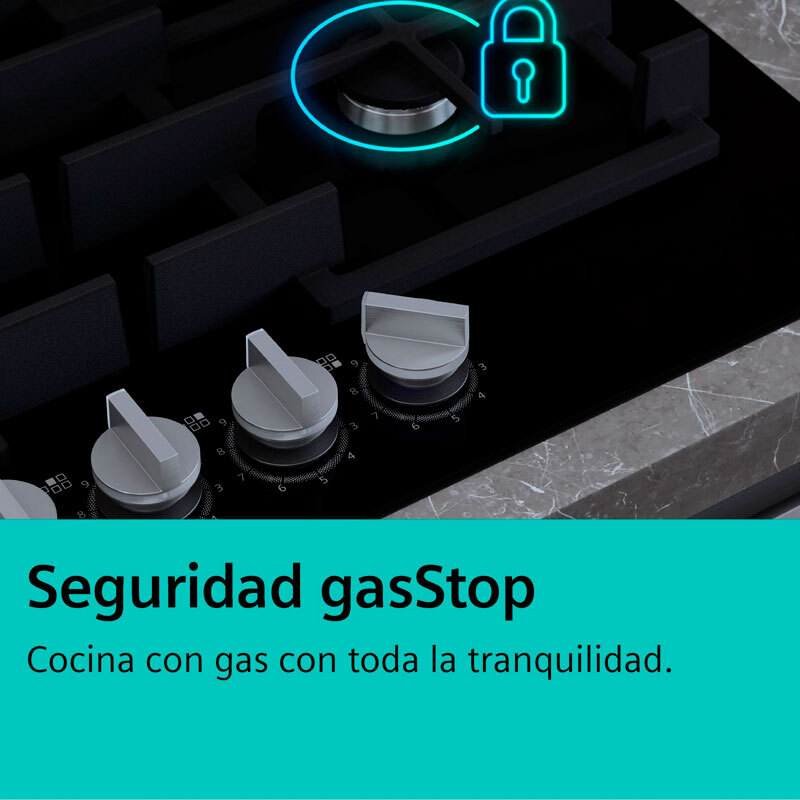 Placa Domino Gas Siemens ER3A6AI10 – Cristal negro, StepFlame 9 niveles, 30 cm