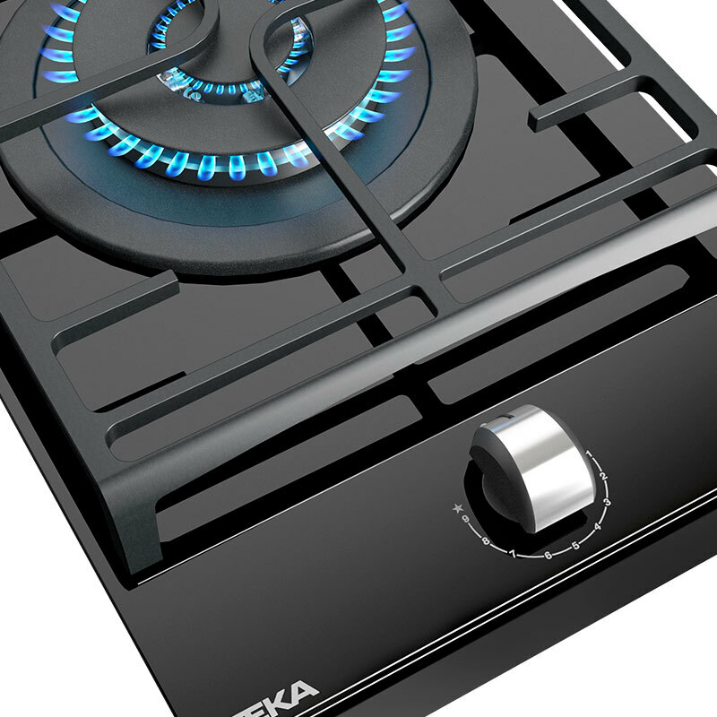 Placa de gas Teka GZC31330XBA – Cristal negro, Quemador doble anillo 4 kW, Parrillas de fundición