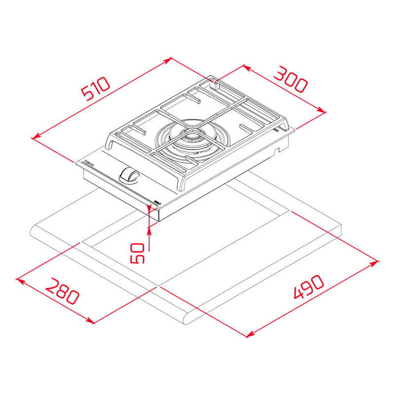 Placa de gas Teka GZC31330XBA – Cristal negro, Quemador doble anillo 4 kW, Parrillas de fundición