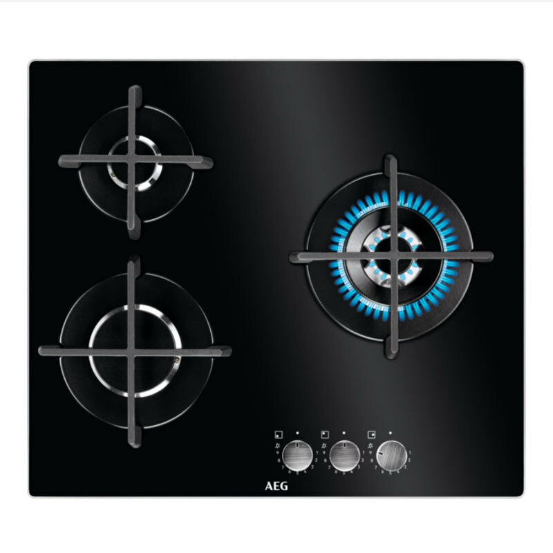 Placa de gas AEG HKB63320NB – Cristal negro, 3 quemadores (Wok), StepPower 9 niveles