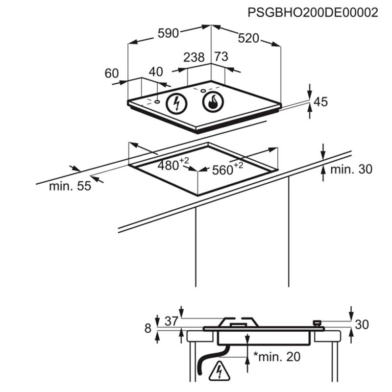 Placa de gas AEG HKB63320NB – Cristal negro, 3 quemadores (Wok), StepPower 9 niveles