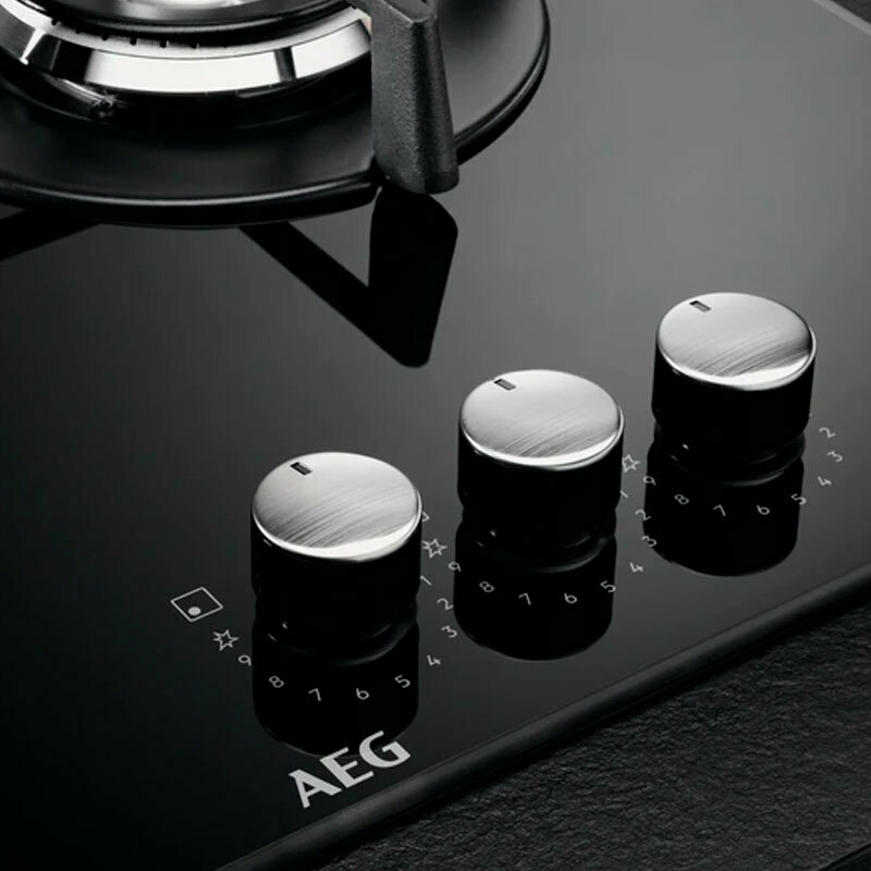 Placa de gas AEG HKB63320NB – Cristal negro, 3 quemadores (Wok), StepPower 9 niveles