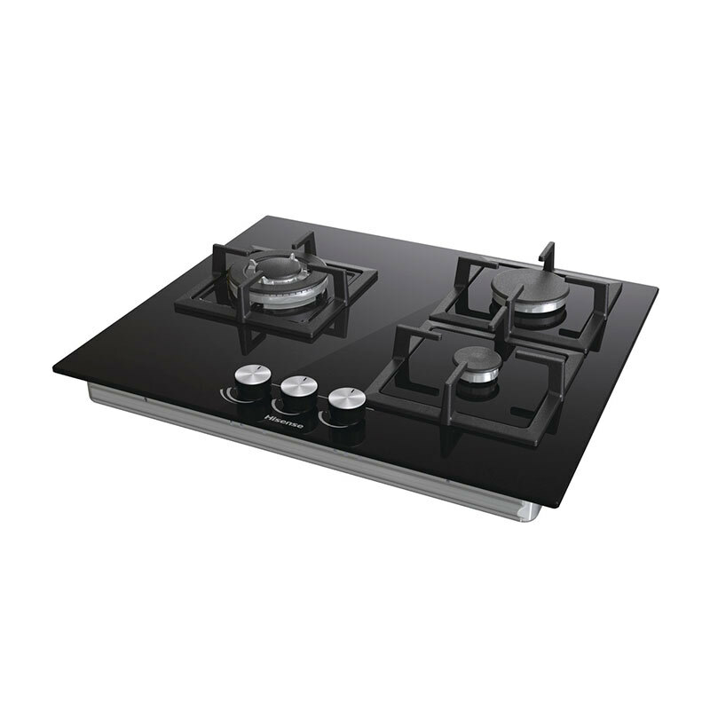 Encimera de gas Hisense GG633B – Cristal templado negro, 3 quemadores (Wok 3,4 kW), Válvula de seguridad
