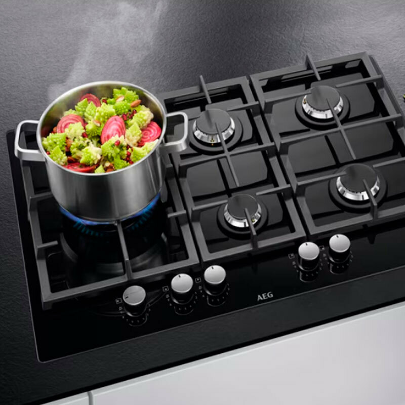 Placa de gas AEG HKB75820NB – 75 cm, 5 quemadores, Wok de alta potencia