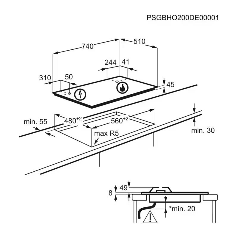 Placa de gas AEG HKB75820NB – 75 cm, 5 quemadores, Wok de alta potencia