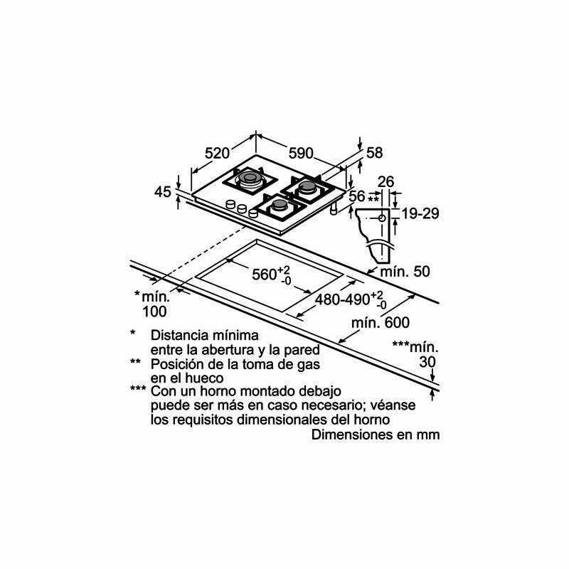 Placa de gas 60 cm Balay 3ETG663HB – 3 quemadores, cristal templado negro, GasStop