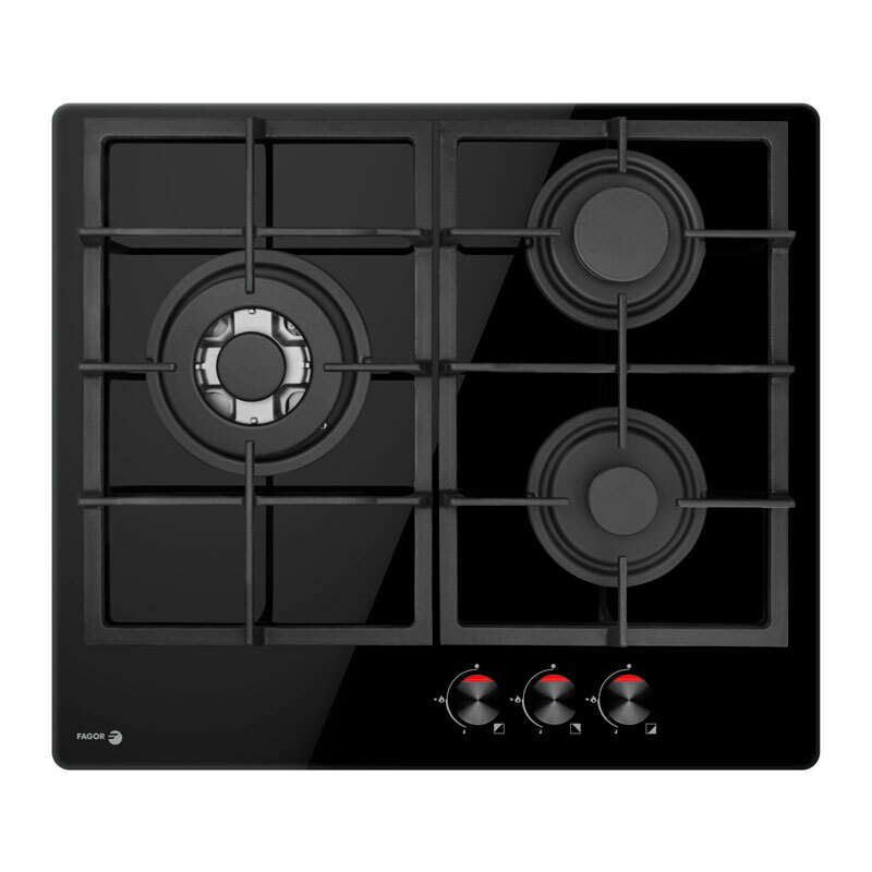 Placa de gas Fagor 3CFI-3GLSPA – Cristal negro, 3 quemadores (WOK), Parrillas hierro fundido