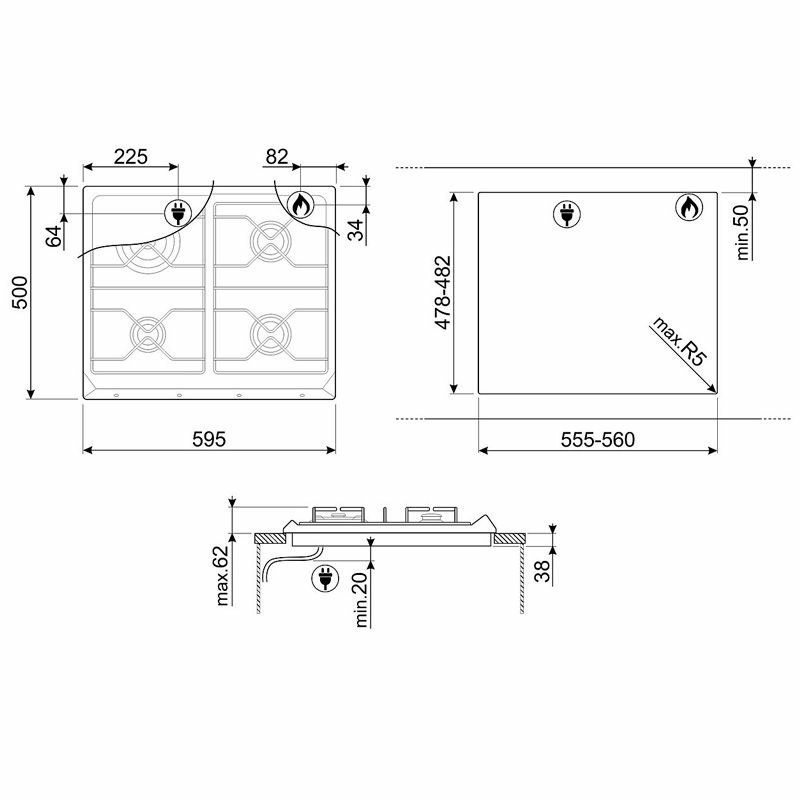 Placa de gas 60 cm Smeg SR964PGH – 4 quemadores, quemador ultrarrápido, parrillas de hierro fundido