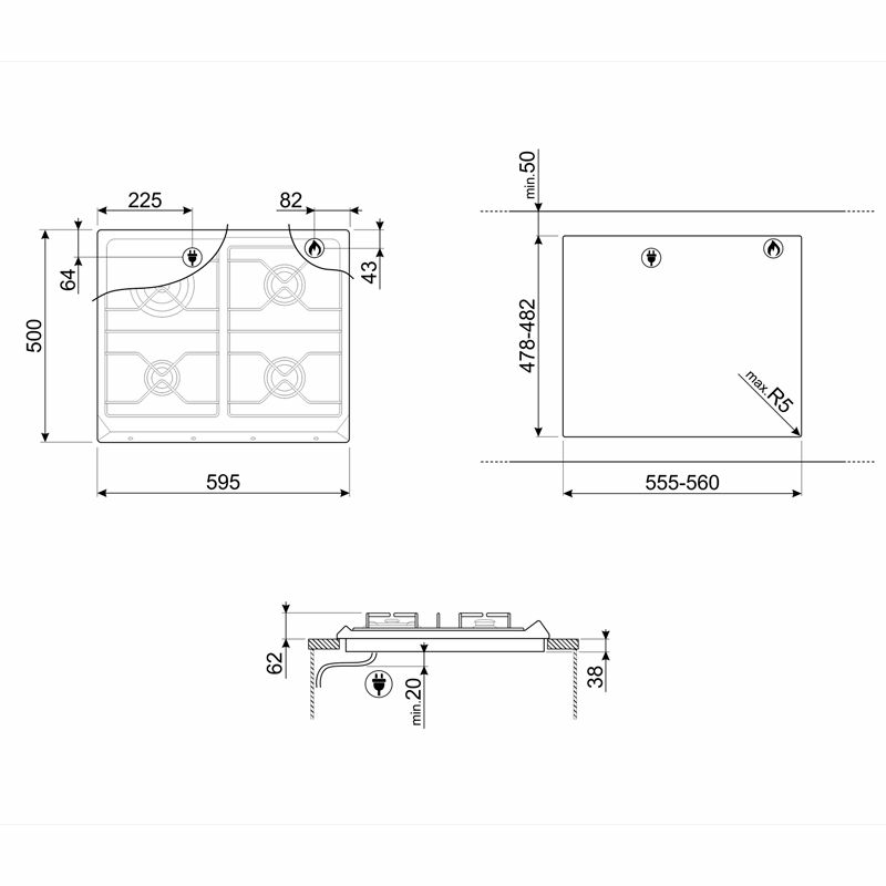Placa de gas SMEG SR964XGH – 60 cm, Inox, 4 quemadores