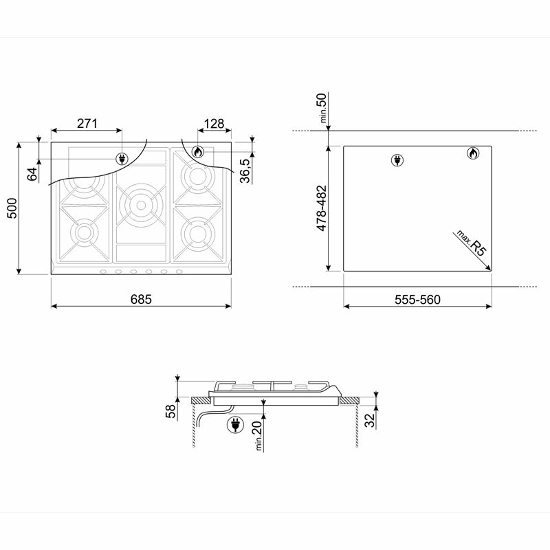 Placa de gas SMEG SR975XGH – 5 quemadores, Inox 70 cm, doble corona 5 kW