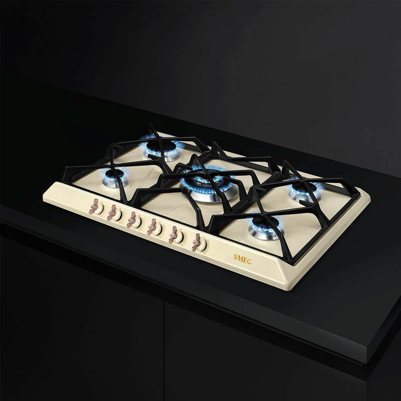 Placa de gas Smeg SRV876POGH – 5 quemadores, esmaltada crema, parrillas de fundición