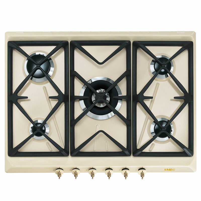 Placa de gas Smeg SRV876POGH – 5 quemadores, esmaltada crema, parrillas de fundición