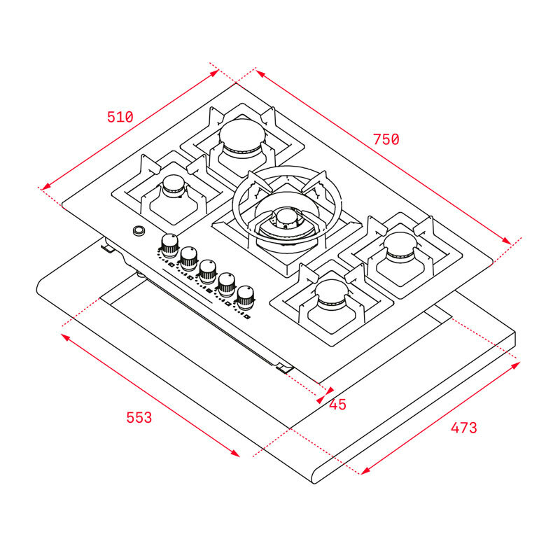 Placa de gas Teka EFX 70.1 5G AI AL DR CI – 5 quemadores, doble anillo para wok, seguridad por termopar