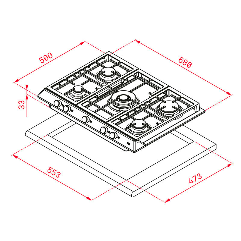 Placa de gas Teka EX 70.1 5G AI AL DR CI – 5 quemadores, Inox 68 cm, Bloqueo infantil