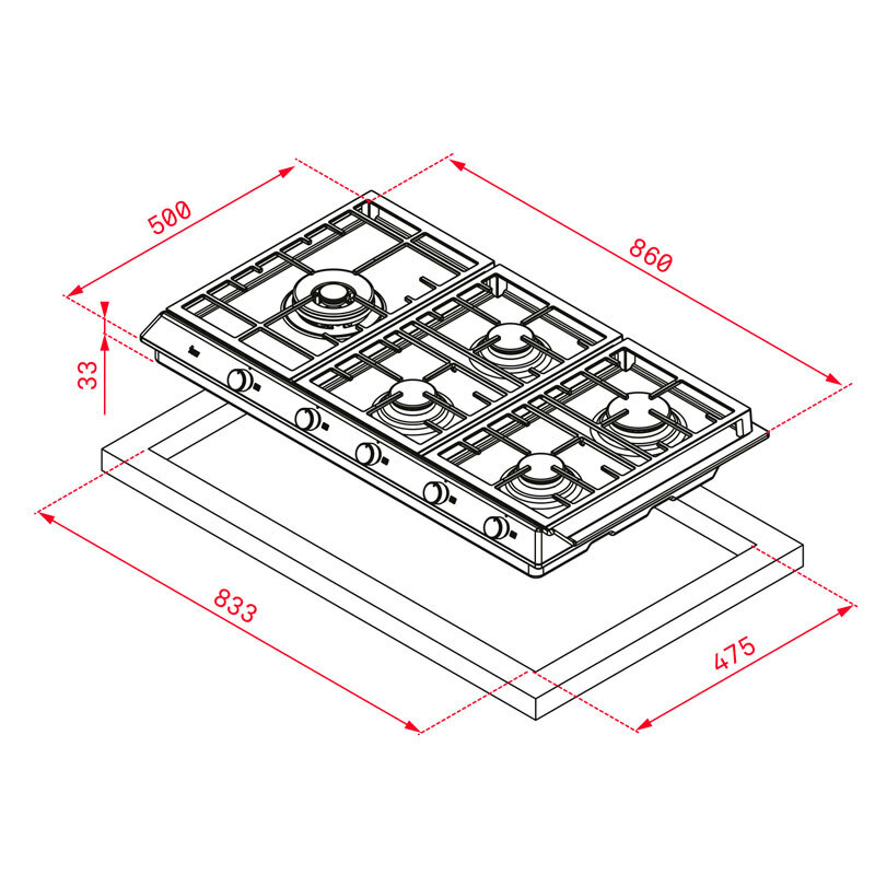 Placa de gas Teka EX 90.1 5G AI AL DR LEFT CI – 5 quemadores, Inox, 86 cm