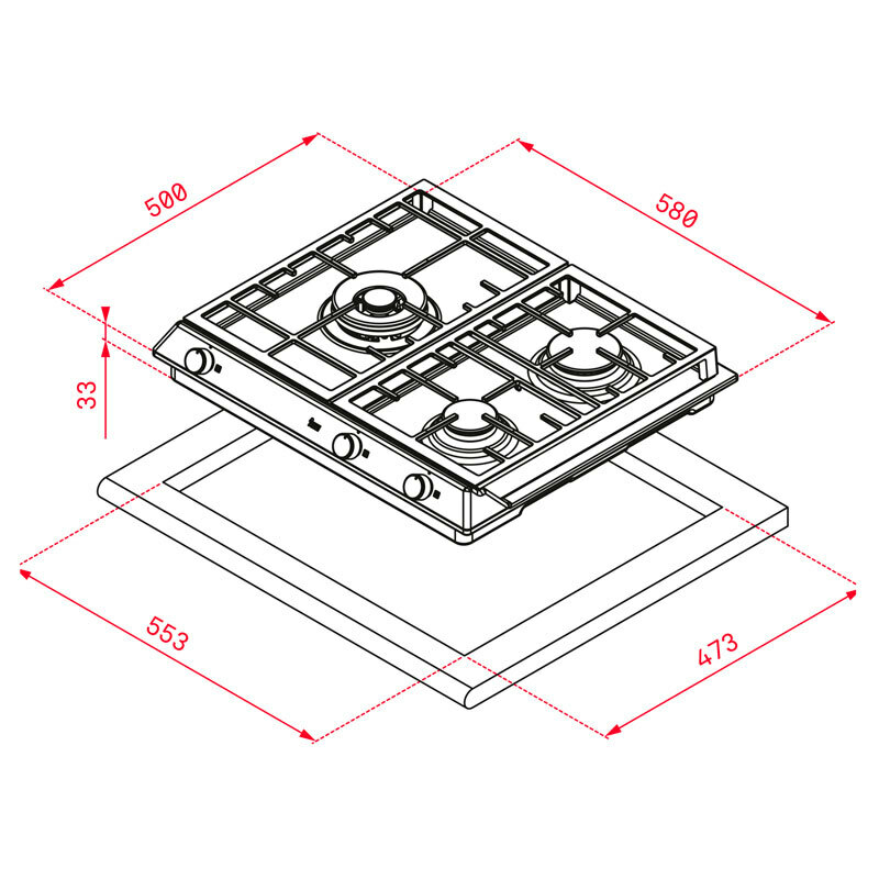 Placa de gas Teka EX 60.1 3G AI AL DR CI – 3 quemadores SABAF, Inox 58 cm, Bloqueo infantil
