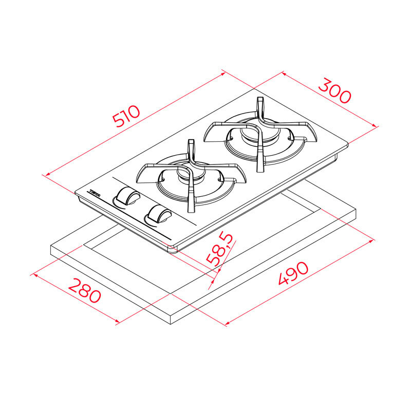 Placa de gas Teka GBC 32000 BUT – 30 cm, cristal templado negro, 2 quemadores