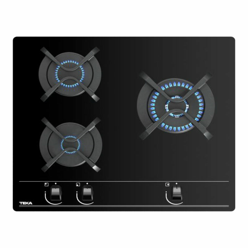 Placa de gas Teka GBC 63010KBB – 3 quemadores SABAF, cristal templado negro, termopar de seguridad
