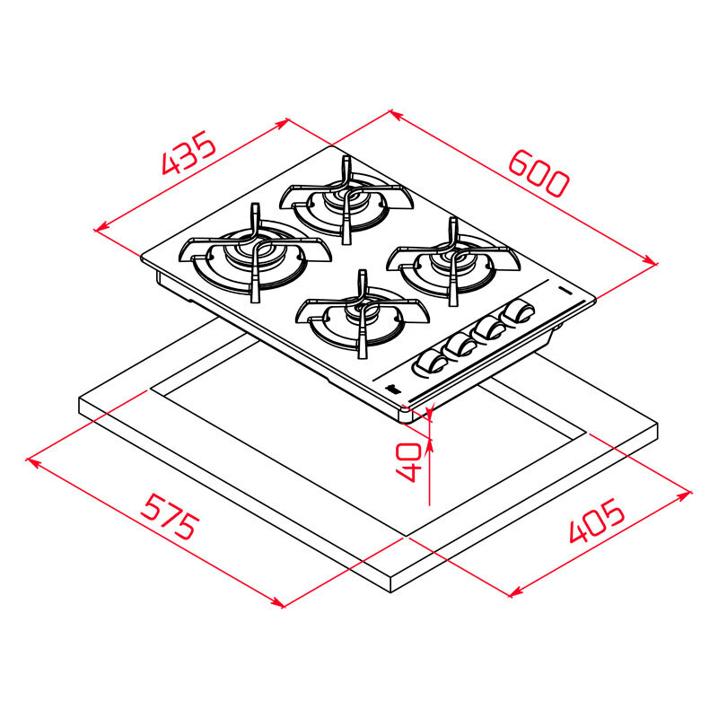 Placa de gas Teka GBC 64003 KBA – 4 quemadores SABAF, Cristal templado negro 60 cm, Encendido automático y termopar de seguridad