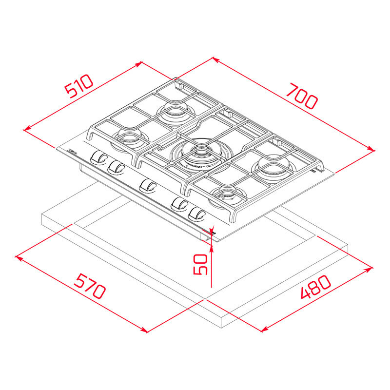 Placa de gas Teka GZC 75330 XBA – 5 quemadores SABAF, Cristal negro biselado, Control ExactFlame