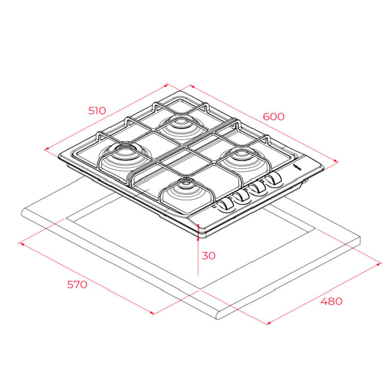 Placa de gas Teka E/60.3 40 – 4 quemadores, Inox, Seguridad termopar