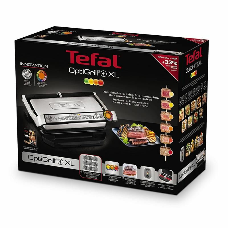 Grill de contacto Tefal OptiGrill+ XL GC722D16 – Superficie XL 40x20 cm, Sensor de espesor, 2000 W