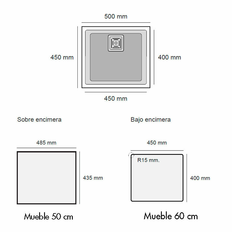 Fregadero bajo encimera Poalgi Zie 45 1/S – Basalto, Granito Hekla®, 50 x 45 cm