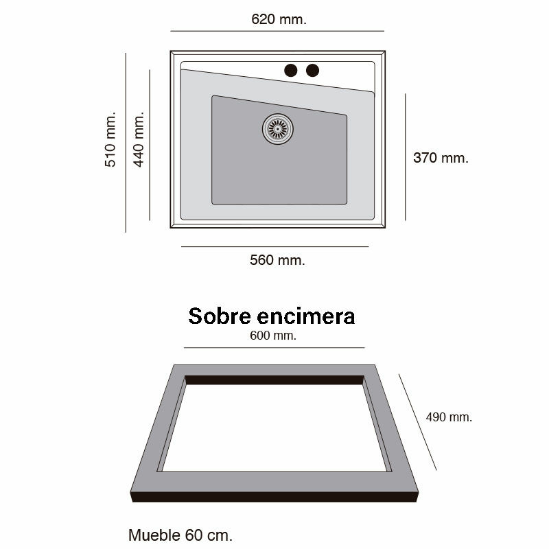 Fregadero 1 seno Poalgi Kuma 60 1/S – Sobre encimera, Blanco brillo, Resina antibacteriana